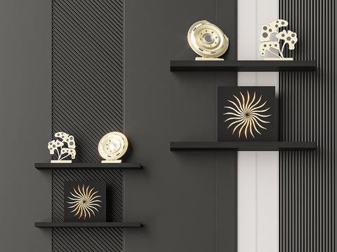  现代几何金色装饰壁挂置物架3d模型下载 室内设计装饰架 黑色背景墙艺术展示 