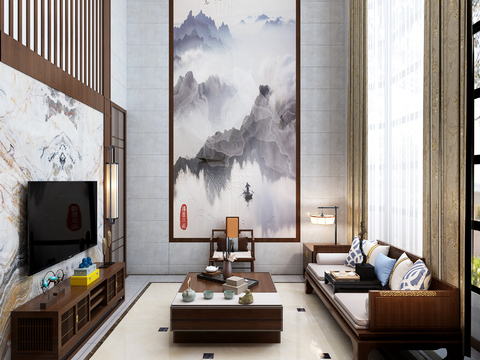  新中式别墅客餐厅3d模型 