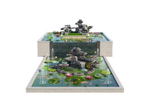  中式假山流水喷泉荷花池园艺小品3d模型 