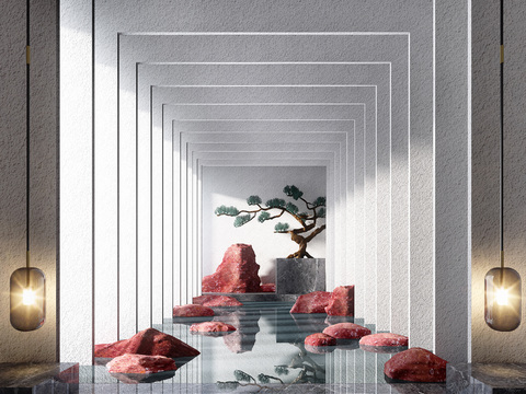  新中式松树水景园艺小品3d模型 