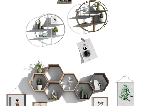  现代壁柜装饰组合3d模型下载 金属圆形架与木质六边形架 绿植装饰画墙面摆件 