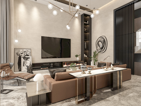  现代轻奢别墅客厅3d模型 