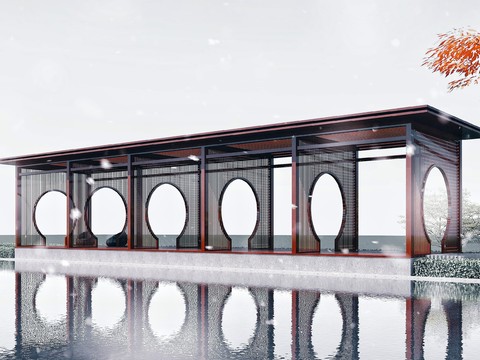  新中式月亮门长廊3d模型 