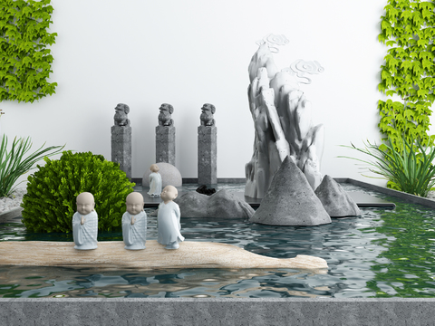  新中式园林水景小品3d模型 
