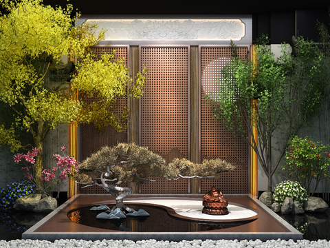  新中式绿植水景园艺小品3d模型 