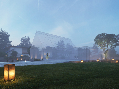  现代小区园林夜景3d模型 