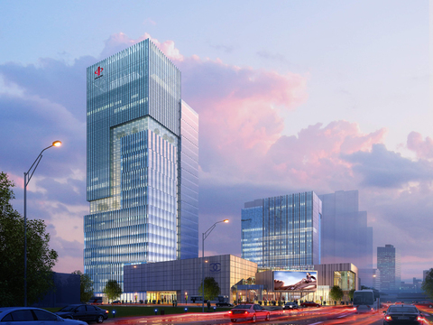  现代办公楼建筑外观夜景psd 