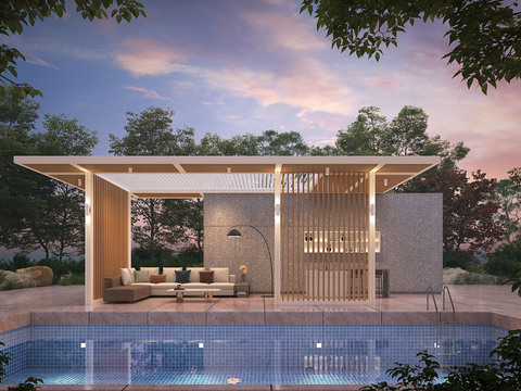  现代别墅泳池庭院3d模型 