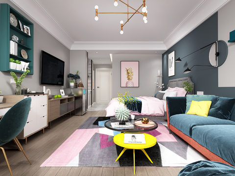  北欧公寓客厅卧室3d模型 