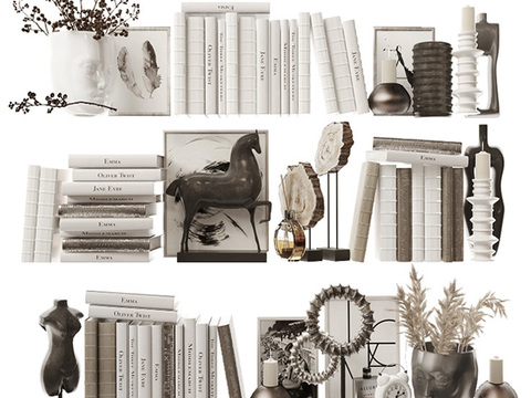  现代书籍装饰品摆件组合3d模型 