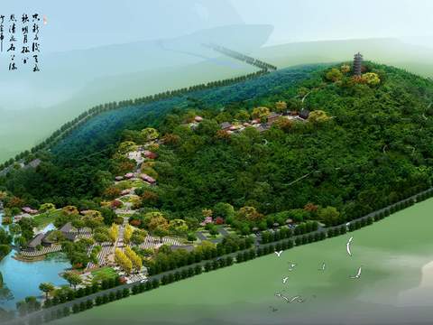  新中式公园景观鸟瞰psd 