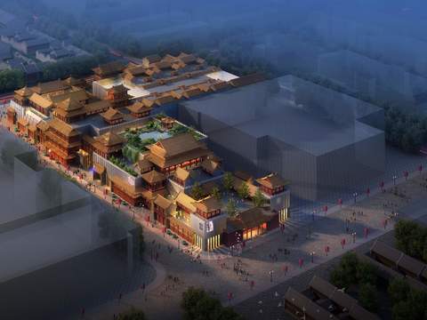  中式商业街外观鸟瞰psd 