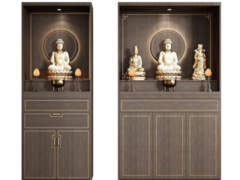  现代中式佛龛神龛3d模型下载 金色佛像壁龛 木质柜子设计 宁静庄严风格 