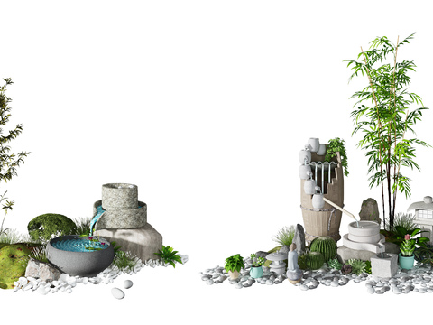  新中式竹子石头绿植小品3d模型 