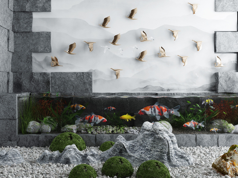  新中式鱼池山石园艺小品3d模型 