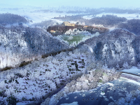  现代山间雪景鸟瞰psd 