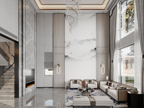  新中式挑空别墅客厅餐厅3d模型 