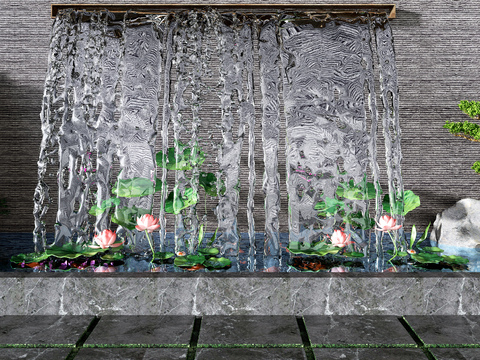  新中式荷花水景假山园艺小品3d模型 