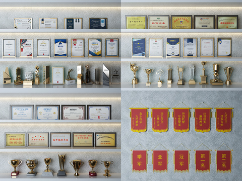  现代荣誉证书奖杯锦旗3d模型 