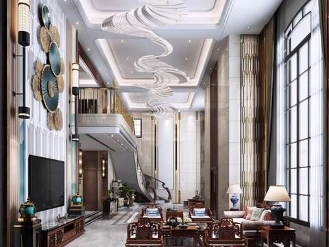  新中式别墅大堂3d模型 