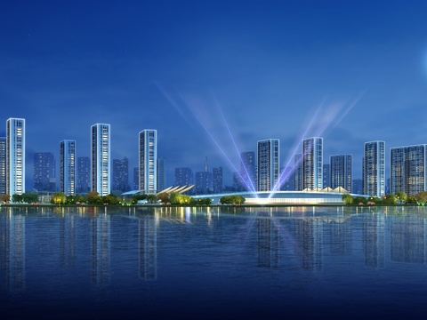  现代海边办公楼外观夜景psd 