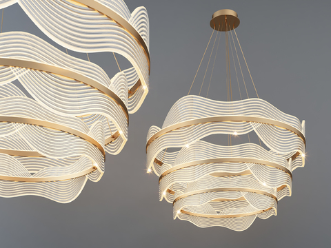  现代艺术吊灯设计3d模型下载 波浪形金属灯带 优雅室内装饰灯具 