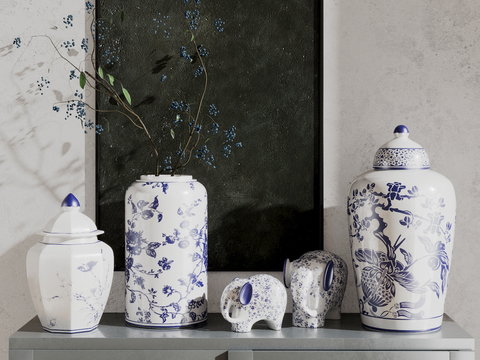  新中式花瓶 青花瓷 器皿3d模型 