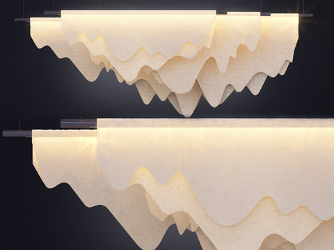  新中式波浪吊灯3d模型下载 现代布艺装饰灯具 柔和光线室内艺术灯饰 