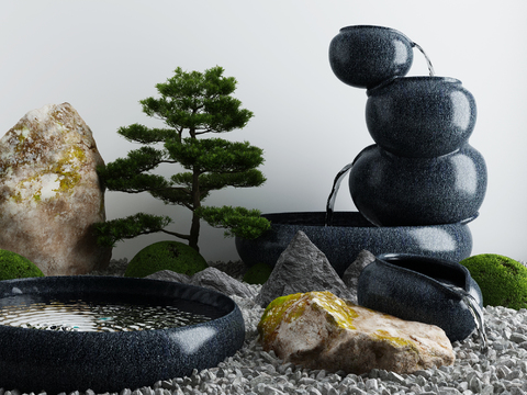  新中式松树流水景观小品3d模型 