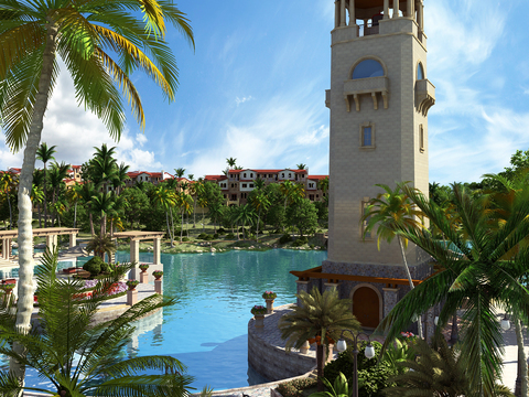  现代度假村园林景观3d模型 