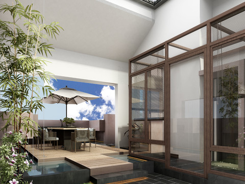  新中式别墅庭院3d模型 