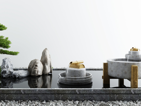  新中式松树假山流水水景小品3d模型 