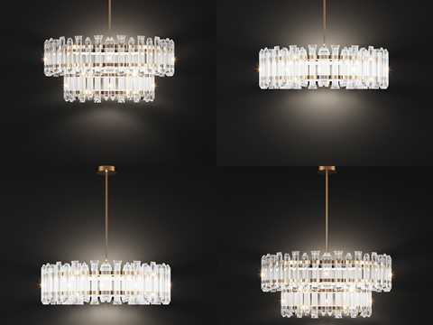  现代双层水晶吊灯3d模型下载 轻奢客厅餐厅灯具 透明水晶灯饰金属支架 