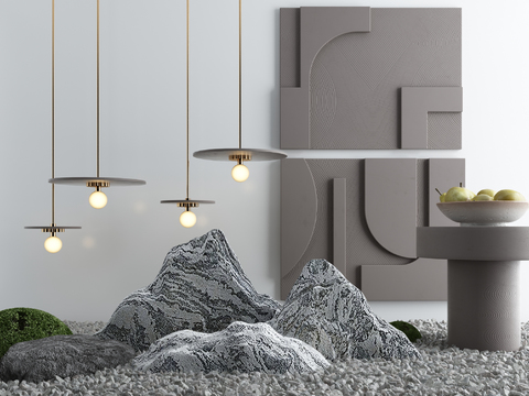  现代绿植假山圆几小品3d模型 