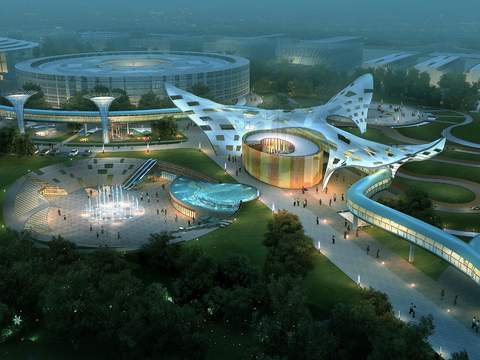  现代体育馆鸟瞰夜景psd 