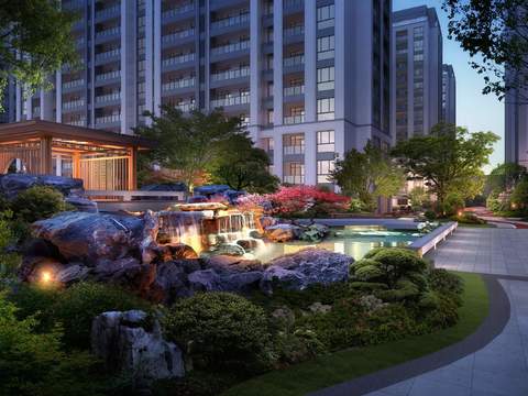  现代小区公园流水景观psd 