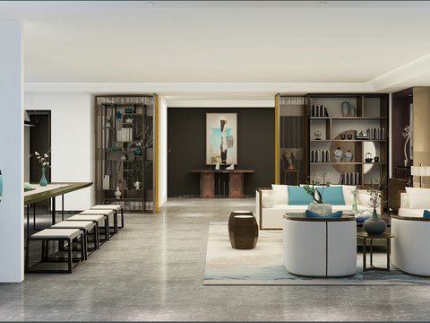  新中式会所会客厅3D模型 