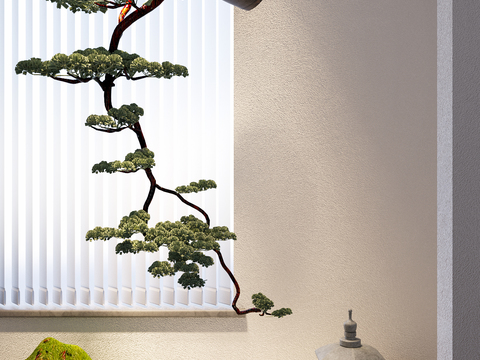  新中式倒挂陶罐松树苔藓假石景观3d模型 