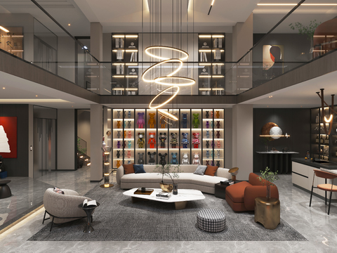  现代挑高别墅客餐厅3d模型 