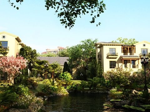  新中式别墅园林景观3d模型 