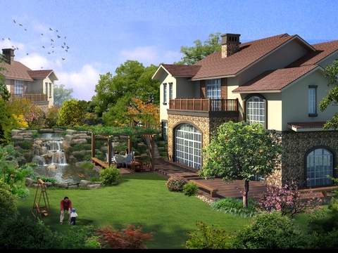  别墅庭院景观psd 