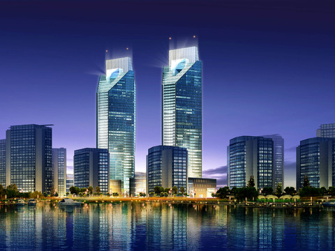  现代江边小区夜景景观psd 