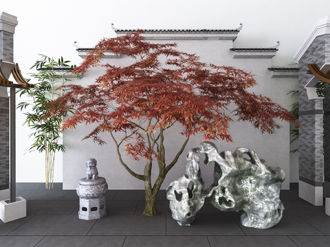  中式假山枫树景观小品3d模型 