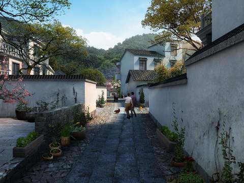  中式农村庭院园林景观psd 