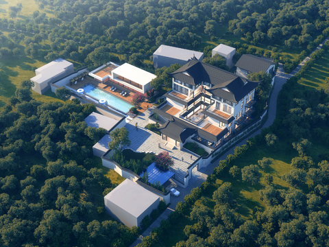  新中式别墅鸟瞰3d模型 