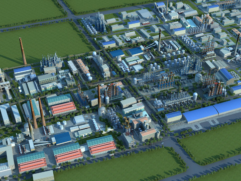  现代化工厂鸟瞰3d模型 