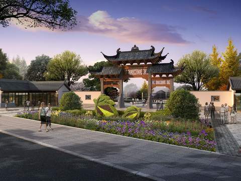  新中式庭院园林景观psd 