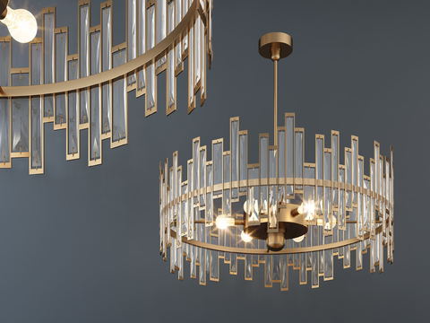  现代金属玻璃水晶吊灯3d模型下载 轻奢工业风客厅灯具 环形多层暖光照明设计 