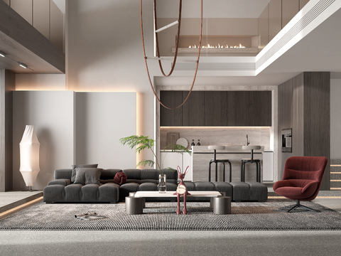  现代挑空别墅客厅3d模型 