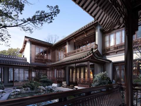  中式庭院园林景观psd 